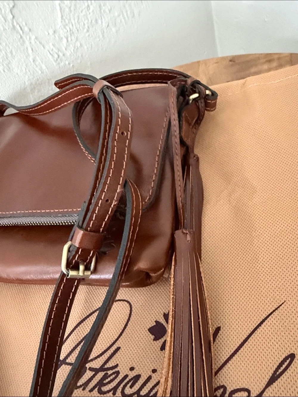 Patricia Nash Chestnut Brown Leather Messenger Bag with Tassel